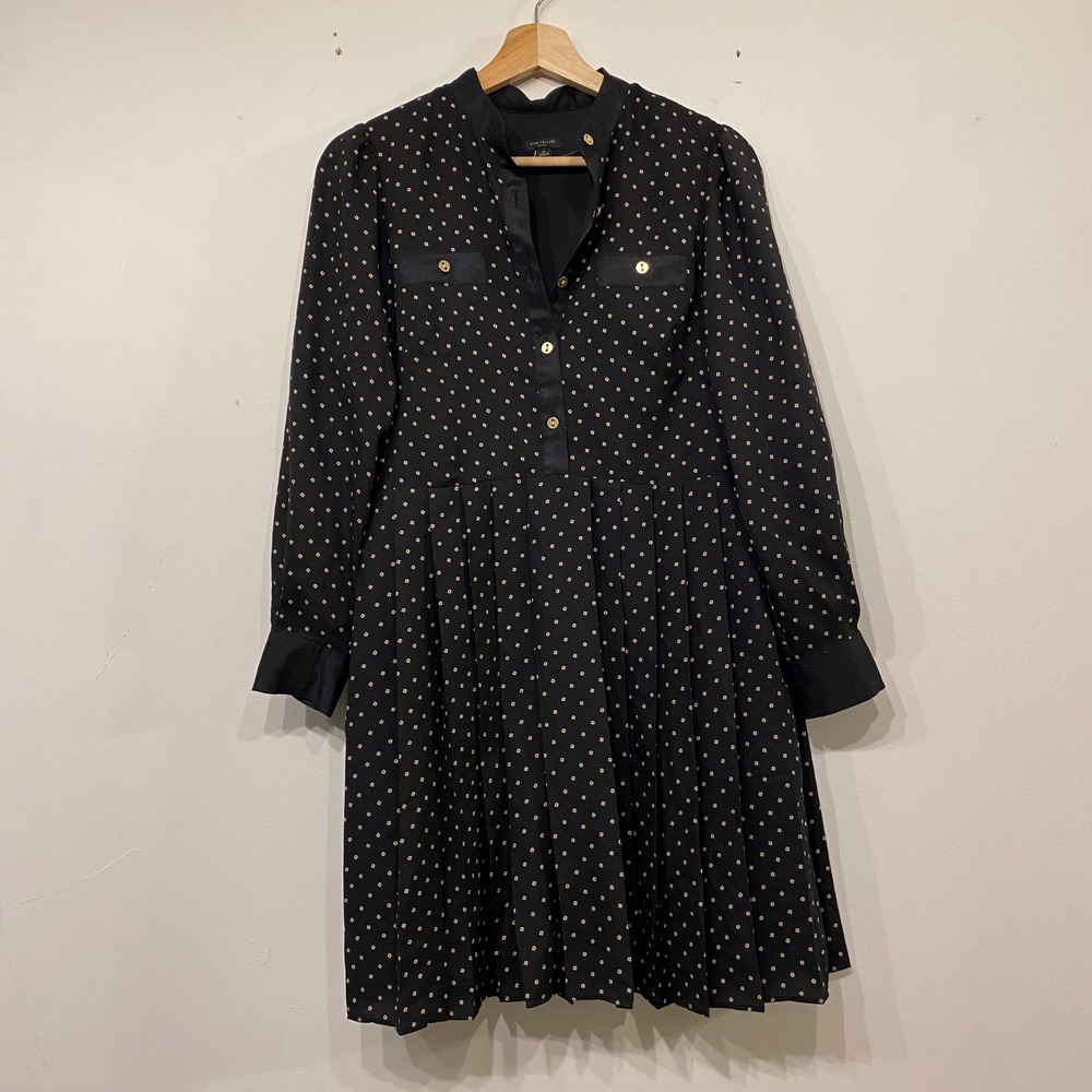 Ann Taylor Petite Black Diamond Print Pleated Dress Gold Buttons 6 Dark Academia
